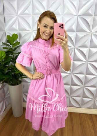 Vestido Tricoline Com Bordados De Guipper e Cinto Stefani - Rosa Ballet - Milla Chic