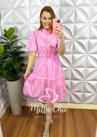 Vestido Tricoline Com Bordados De Guipper e Cinto Stefani - Rosa Ballet - Milla Chic