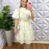Vestido Tricoline Com Bordados De Guipper e Cinto Stefani - Amarelo Manteiga - Milla Chic