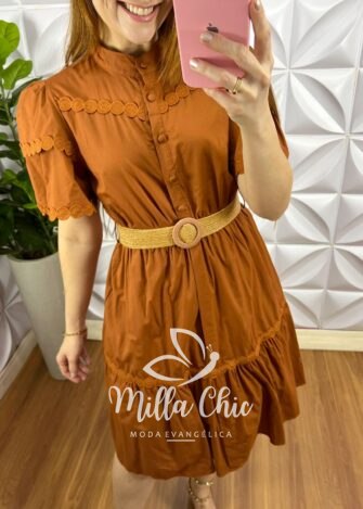 Vestido Tricoline Com Bordados De Guipper e Cinto Stefani - Terra Cota - Milla Chic