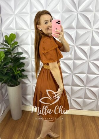 Vestido Tricoline Com Bordados De Guipper e Cinto Stefani - Terra Cota - Milla Chic
