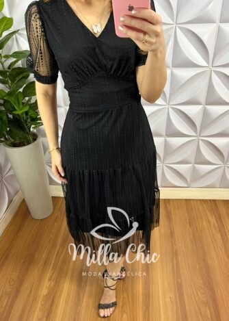 Milla Chic - millachic com br vestido tule bolinha midi tres marias rafaela preto 1 Vestido Tule Bolinha Decote V Pala Na Cintura Três Marias Manga Princesa Sandra - Preto - Milla Chic