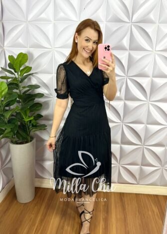 Milla Chic - millachic com br vestido tule bolinha midi tres marias rafaela preto 2 Vestido Tule Bolinha Decote V Pala Na Cintura Três Marias Manga Princesa Sandra - Preto - Milla Chic