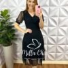 Vestido Tule Bolinha Decote V Pala Na Cintura Três Marias Manga Princesa Sandra - Preto - Milla Chic