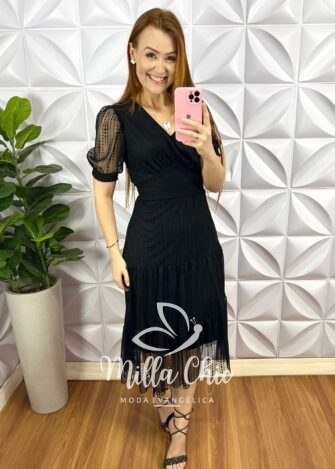 Vestido Tule Bolinha Decote V Pala Na Cintura Três Marias Manga Princesa Sandra - Preto - Milla Chic