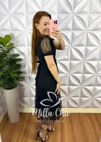 Milla Chic - millachic com br vestido tule bolinha midi tres marias rafaela preto 4 Vestido Tule Bolinha Decote V Pala Na Cintura Três Marias Manga Princesa Sandra - Preto - Milla Chic