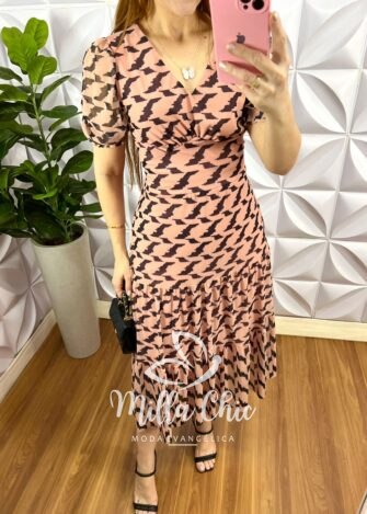Milla Chic - millachic com br vestido tule midi tres marias estampado sandra rosa com preto 2 Vestido Tule Decote V Pala Na Cintura Três Marias Manga Princesa Sandra - Rosa Com Preto - Milla Chic