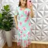 Vestido Tule Decote V Pala Na Cintura Três Marias Manga Princesa Sandra - Verde Agua E Rosa - Milla Chic