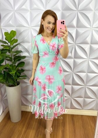 Milla Chic - millachic com br vestido tule midi tres marias estampado sandra verde agua e rosa 1 Vestido Tule Decote V Pala Na Cintura Três Marias Manga Princesa Sandra - Verde Agua E Rosa - Milla Chic