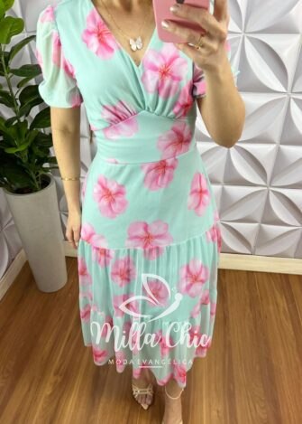 Milla Chic - millachic com br vestido tule midi tres marias estampado sandra verde agua e rosa 2 Vestido Tule Decote V Pala Na Cintura Três Marias Manga Princesa Sandra - Verde Agua E Rosa - Milla Chic