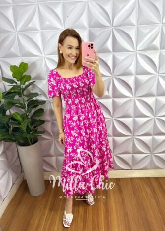 Vestido Viscolinho Estampado Longo Com Lastex Cilene - Pink - Milla Chic