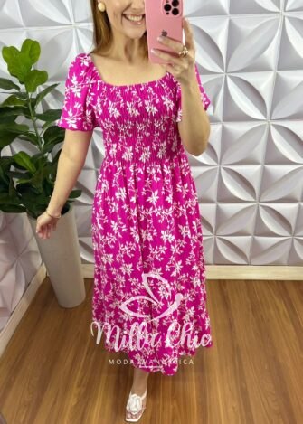 Vestido Viscolinho Estampado Longo Com Lastex Cilene - Pink - Milla Chic