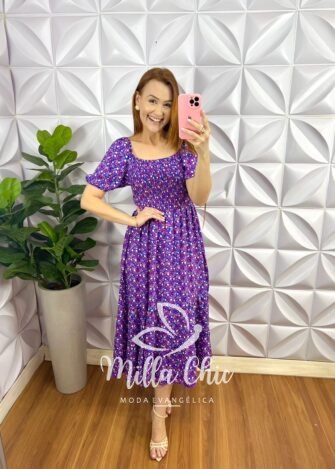 Vestido Viscolinho Estampado Longo Com Lastex Cilene - Azul Com Roxo - Milla Chic