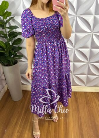 Vestido Viscolinho Estampado Longo Com Lastex Cilene - Azul Com Roxo - Milla Chic