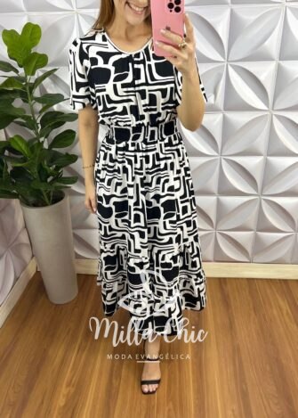 Vestido Viscolinho Estampado Mídi Com Lastex Gaby - Preto - Milla Chic