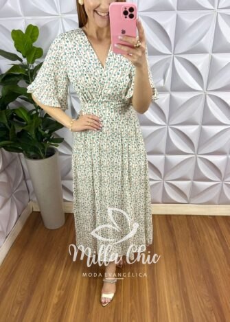 Vestido Viscolinho Estampado Mídi Manga Raglan Grace - Branco - Milla Chic