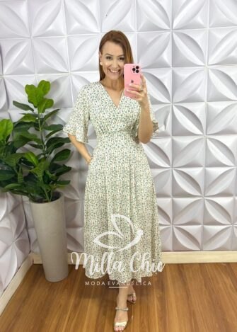 Vestido Viscolinho Estampado Mídi Manga Raglan Grace - Branco - Milla Chic