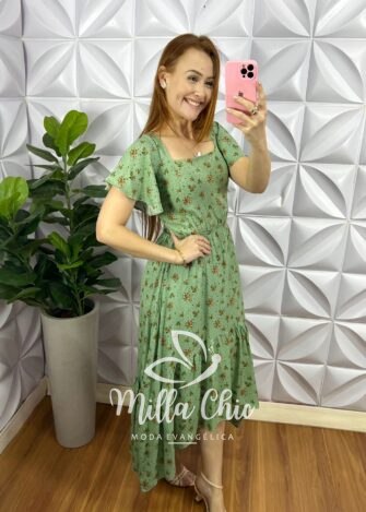 Vestido Viscolinho Estampado Mullet Com Bojo Emanuele - Verde - Milla Chic