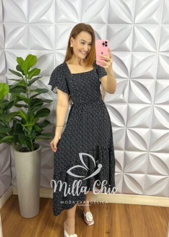Vestido Viscolinho Estampado Mullet Com Bojo Emanuele - Preto - Milla Chic