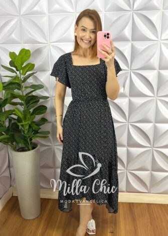 Vestido Viscolinho Estampado Mullet Com Bojo Emanuele - Preto - Milla Chic