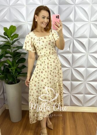 Vestido Viscolinho Estampado Mullet Com Bojo Emanuele - Areia - Milla Chic