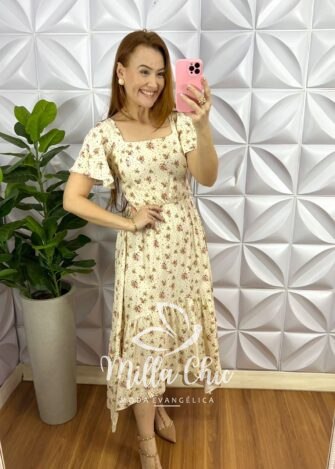 Vestido Viscolinho Estampado Mullet Com Bojo Emanuele - Areia - Milla Chic