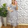 Vestido Viscolinho Mídi Com Gola Lastex Estampado Elisa - Azul e Areia - Milla Chic
