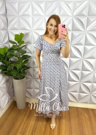 Milla Chic - millachic com br vestido viscolinho midi com gola lastex estampado elisa azul e areia 3 Vestido Viscolinho Mídi Com Gola Lastex Estampado Elisa - Azul e Areia - Milla Chic