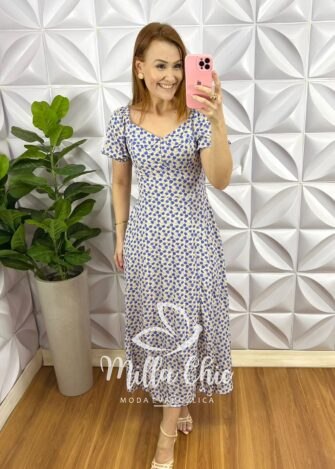 Milla Chic - millachic com br vestido viscolinho midi com gola lastex estampado elisa azul e areia 5 Vestido Viscolinho Mídi Com Gola Lastex Estampado Elisa - Azul e Areia - Milla Chic