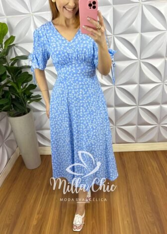 Vestido Viscolinho Mídi Estampado Manga 3/4 Cecilia - Azul - Milla Chic