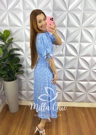 Vestido Viscolinho Mídi Estampado Manga 3/4 Cecilia - Azul - Milla Chic