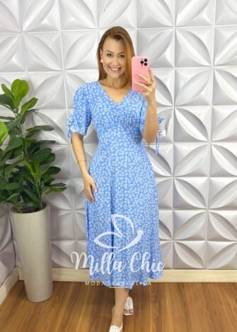 Vestido Viscolinho Mídi Estampado Manga 3/4 Cecilia - Azul - Milla Chic