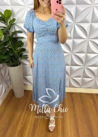 Vestido Viscolinho Mídi Estampado Sheila - Azul Claro - Milla Chic