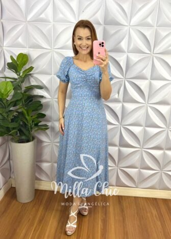 Vestido Viscolinho Mídi Estampado Sheila - Azul Claro - Milla Chic