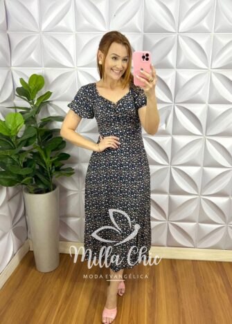 Vestido Viscolinho Mídi Estampado Sheila - Azul Marinho - Milla Chic