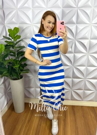 Vestido Viscolycra Listrado Mídi Com Fenda Larissa - Azul - Milla Chic