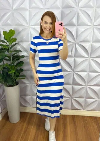 Vestido Viscolycra Listrado Mídi Com Fenda Larissa - Azul - Milla Chic
