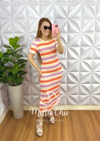 Vestido Viscolycra Listrado Mídi Com Fenda Larissa - Rosa e Marrom - Milla Chic