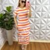 Vestido Viscolycra Listrado Mídi Com Fenda Larissa - Rosa e Marrom - Milla Chic