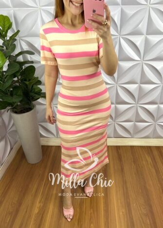 Vestido Viscolycra Listrado Mídi Com Fenda Larissa - Rosa e Marrom - Milla Chic