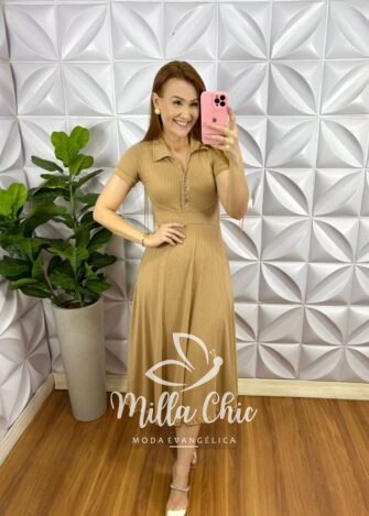 Vestido Viscose Canelada Com Gola Polo Valência - Nude - Milla Chic