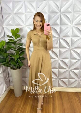 Milla Chic - millachic com br vestido viscose canelada com gola polo valencia nude Vestido Viscose Canelada Com Gola Polo Valência - Nude - Milla Chic