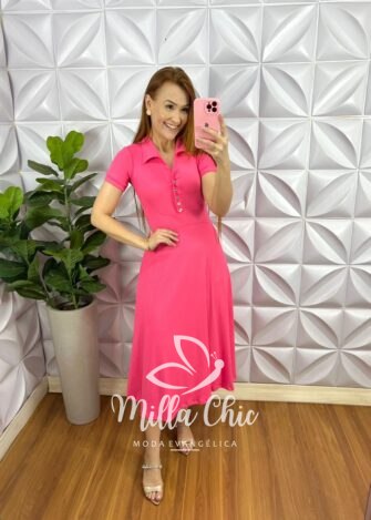 Vestido Viscose Canelada Com Gola Polo Valência - Rosa Barbie - Milla Chic