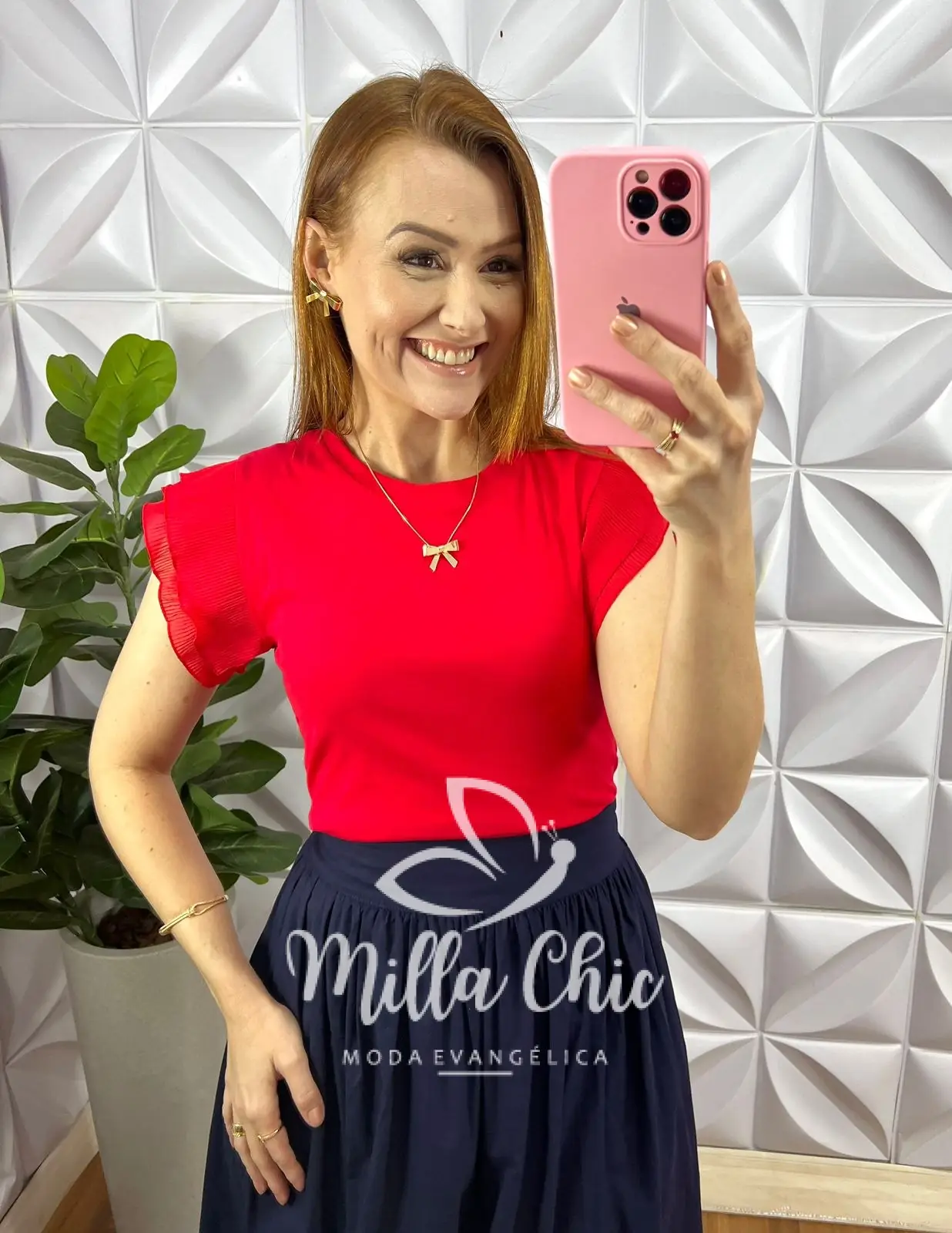 Blusa Malha De Algodão Manga De Chiffon Evelyn – Vermelha – Milla Chic Blusa Malha De Algodão Manga De Chiffon Evelyn - Vermelha - Milla Chic