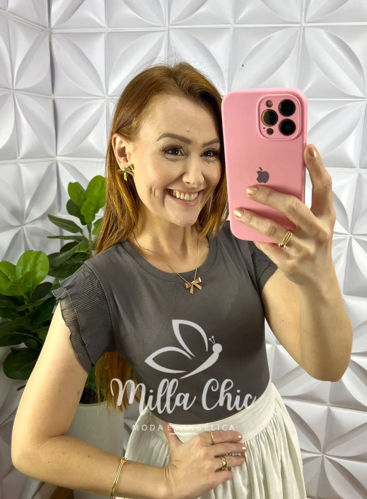 Blusa Malha De Algodão Manga De Chiffon Evelyn – Cinza – Milla Chic Blusa Malha De Algodão Manga De Chiffon Evelyn - Cinza - Milla Chic