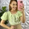 Blusa Alfaiataria Com Manga No Linho Bordado Toda Drapeada Nina - Verde - Milla Chic