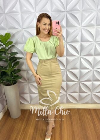 Blusa Alfaiataria Com Manga No Linho Bordado Toda Drapeada Nina - Verde - Milla Chic