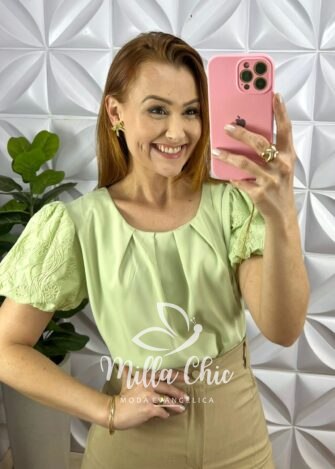 Blusa Alfaiataria Com Manga No Linho Bordado Toda Drapeada Nina - Verde - Milla Chic