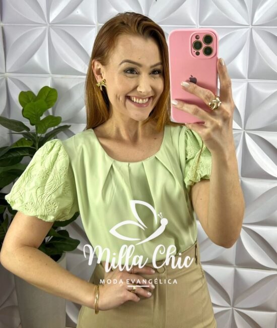 Blusa Alfaiataria Com Manga No Linho Bordado Toda Drapeada Nina - Verde - Milla Chic