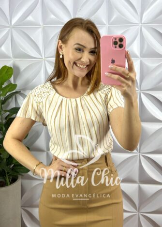 Blusa Cambraia De Linho Com Trançado no Ombro Listrada Caline - Nude - Milla Chic